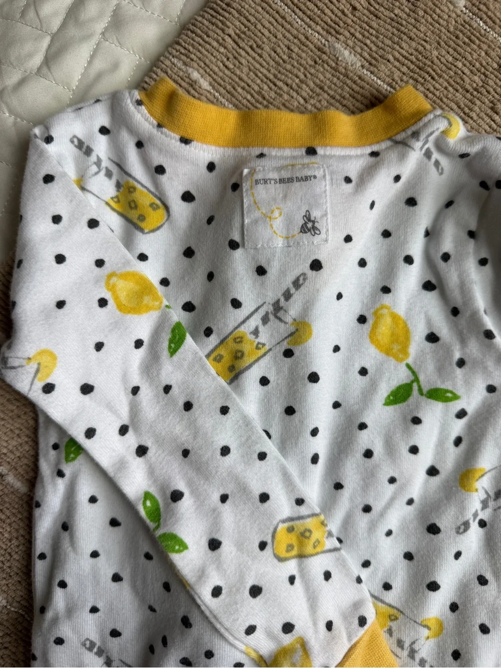 Burt's Bees Baby White Lemon Print Zip Front Footie with Yellow Trim